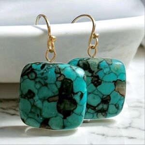 Square Mosaic Turquoise Drop Earrings Gold Filled French Hooks
